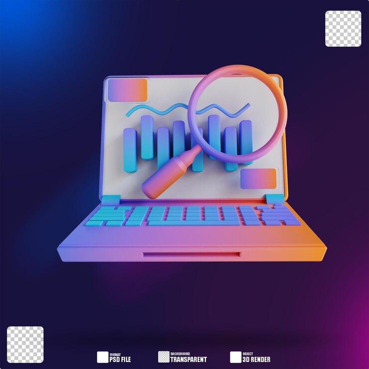 PSD 3d-иллюстрация ноутбука и анализ данных