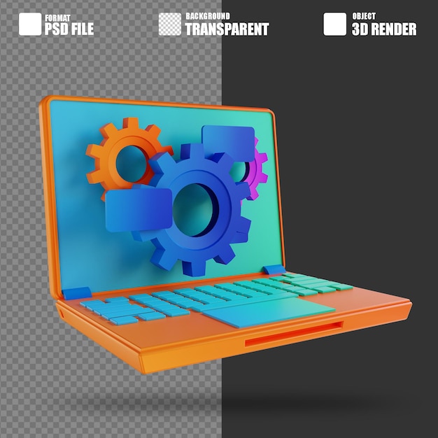 PSD 3d illustration laptop and gear setting 2