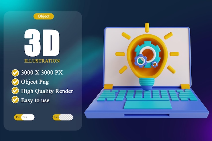 PSD 3d illustration laptop idea setting