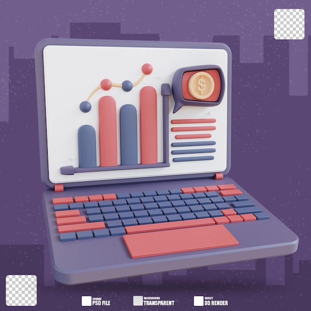 PSD 3d illustration laptop showing graphic financial data 2