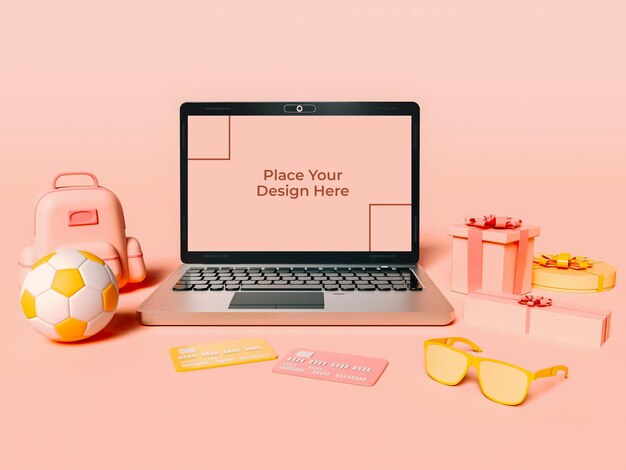 Illustrazione 3d un laptop con carte di credito e confezioni regalo concetto di shopping online e e-commerce