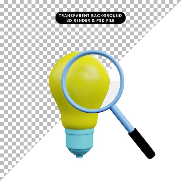3d illustration of light bulb with magnifying