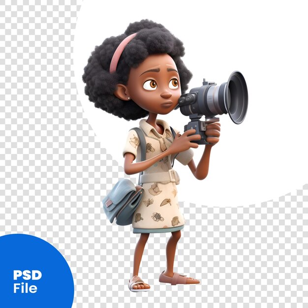 PSD 3d illustration of a little african american girl with a camera psd template