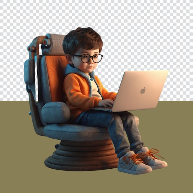 3d illustration of a little boy sitting in an armchair with a laptop