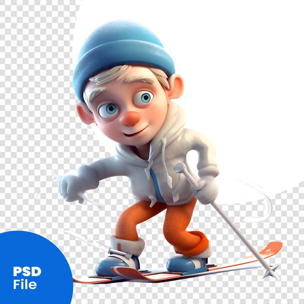 PSD 3d illustration of a little boy skierisolated white background psd template