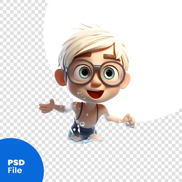 3d illustration of a little boy swimming in the water with glasses psd template