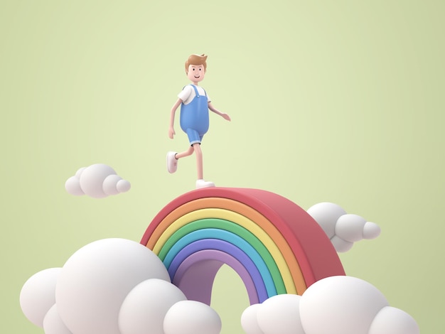 PSD illustrazione 3d ragazzino che cammina sul rendering arcobaleno