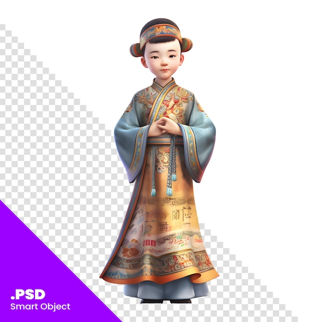 PSD 3d illustration of a little chinese boy in traditional chinese dress psd template