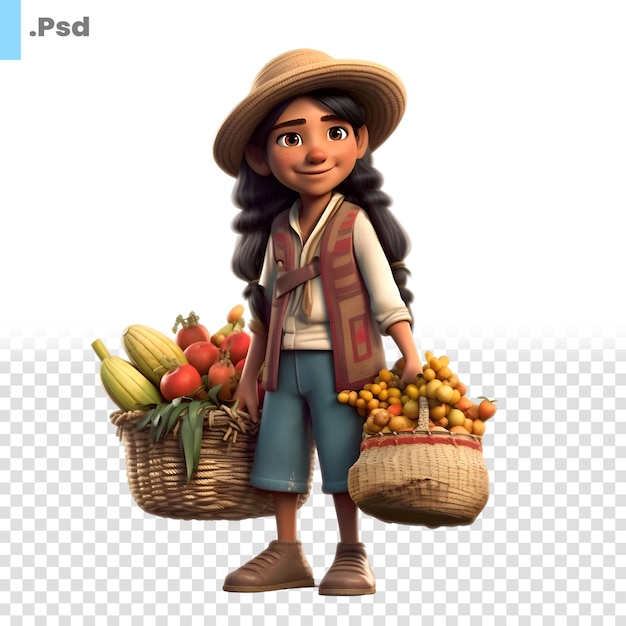 PSD 3d illustration of a little farmer with a basket full of fruits psd template