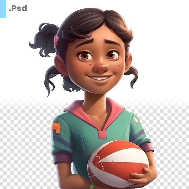 3d illustration of a little girl with a volleyball psd template