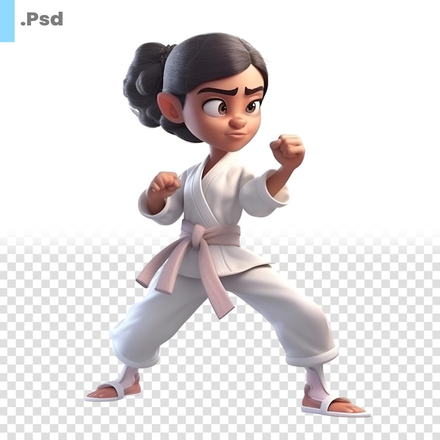 PSD 3d illustration of a little karate girl with white background psd template