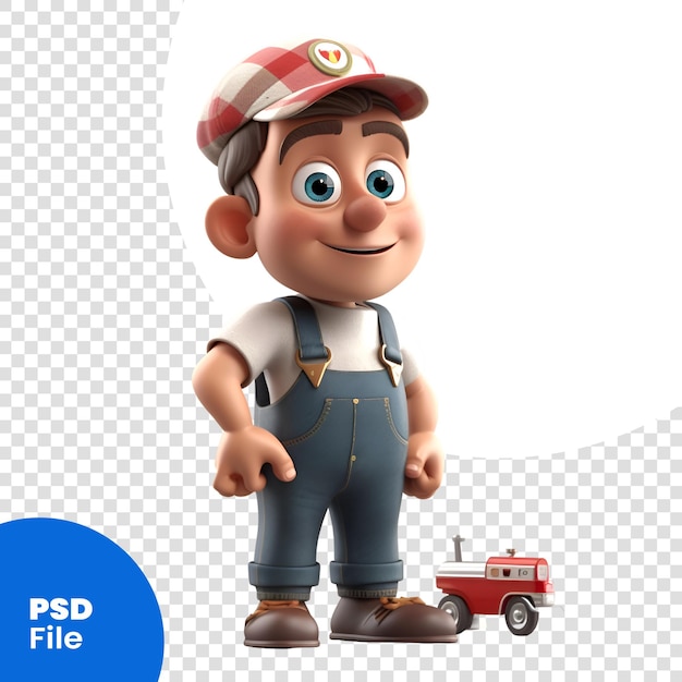 3d illustration of a little mechanic with a toy car isolated on white background psd template