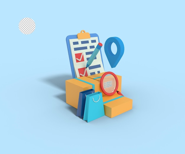 PSD 3d illustration of location  search and delivery cecklist