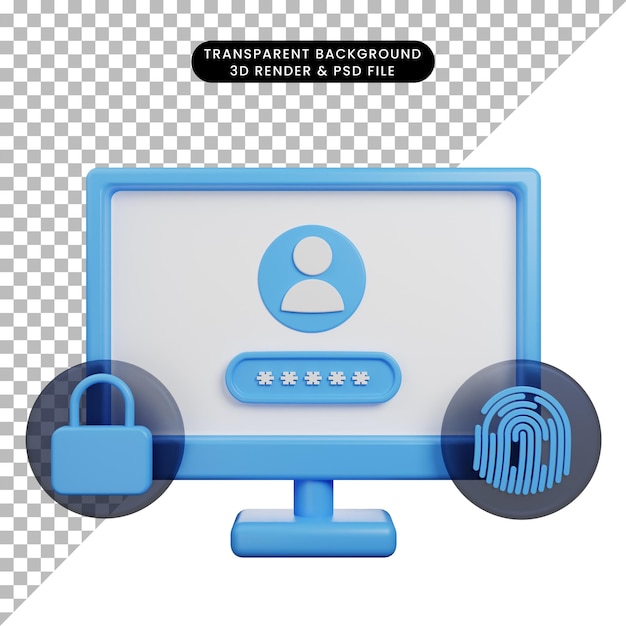 3d illustration of log in security monitor with padlock and fingerprint 3d render style