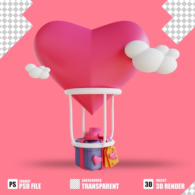 PSD l'illustrazione 3d ama la mongolfiera e regala una scatola adatta per san valentino