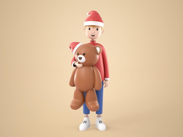 Illustrazione 3d personaggio adorabile ragazzo in costume rosso santa con cappello rosso in piedi tenere orsacchiotto in braccio il giorno di natale e capodanno