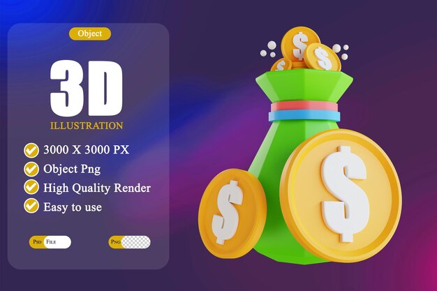 PSD 3d illustration low poly coin money bag 2