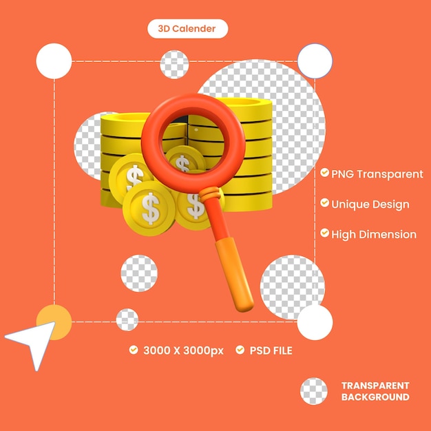 3d illustration magnifier with coin