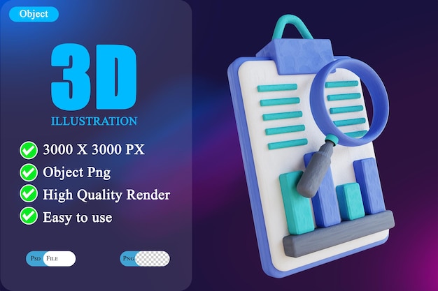 PSD 3d illustration magnifying glass and data analysis 3