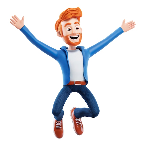 PSD 3d illustration of male character happy jumping transparent background