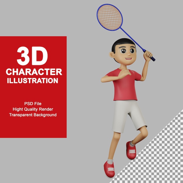 3d illustration male character pose holding badminton racket