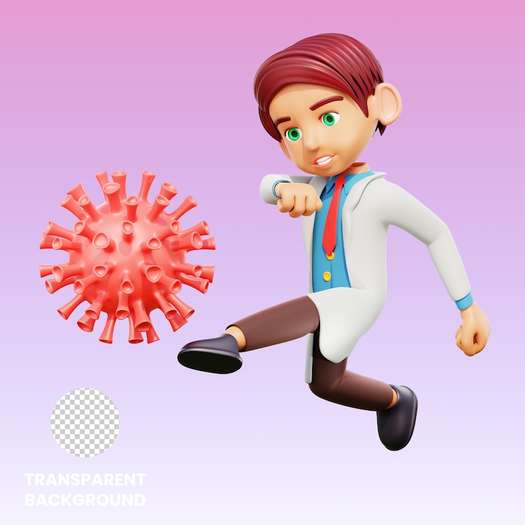 PSD 3d illustration male doctor kicks corona virus