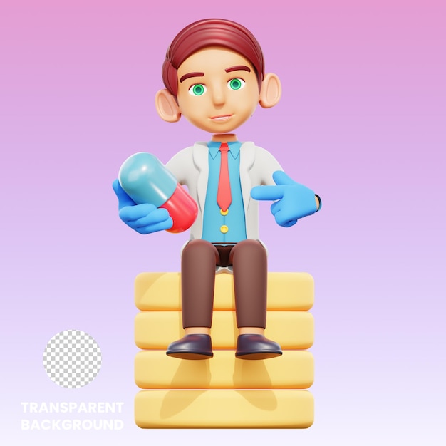 PSD 3d illustration male doctor sit down and holding pill