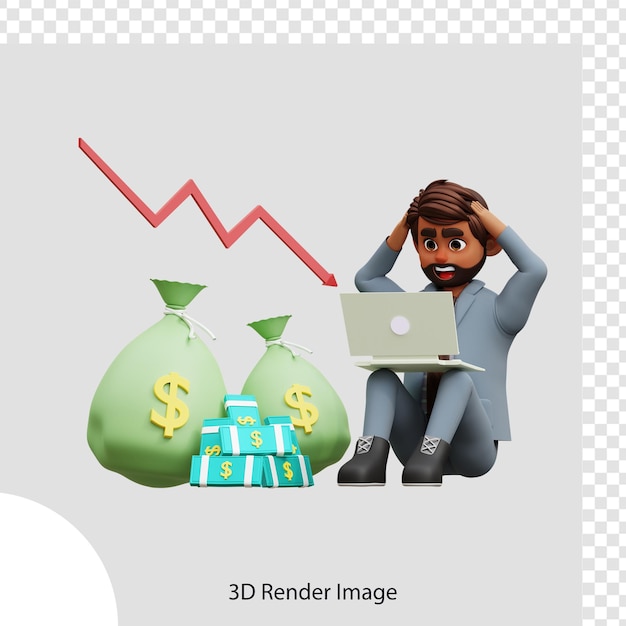 PSD 떨어지는 달러 지폐를 분석하는 3d 그림 남성 투자자