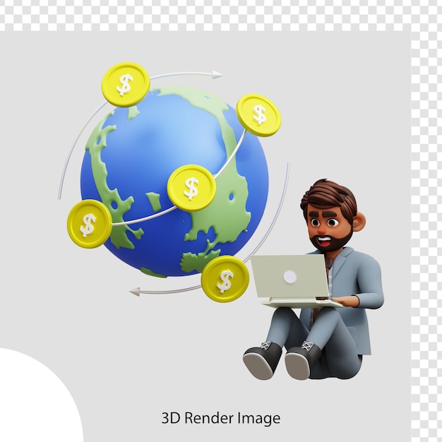 3d иллюстрация мужчина-инвестор следит за мировыми рынками