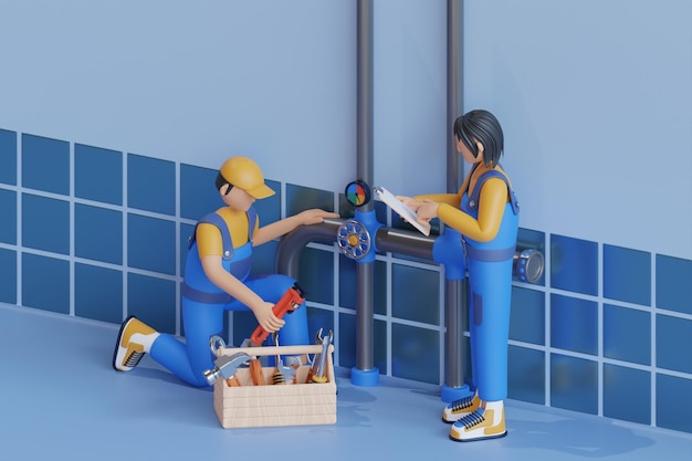 3D illustration of a male plumber checking pipelines Plumbing repair service