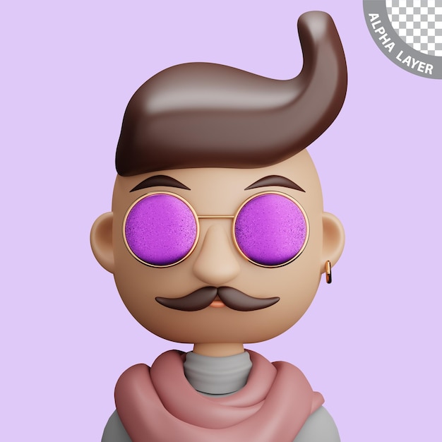 PSD 3d illustration of man cartoon close up portrait of standing man with sunglasses and mustache on a pink background 3d avatar for ui ux