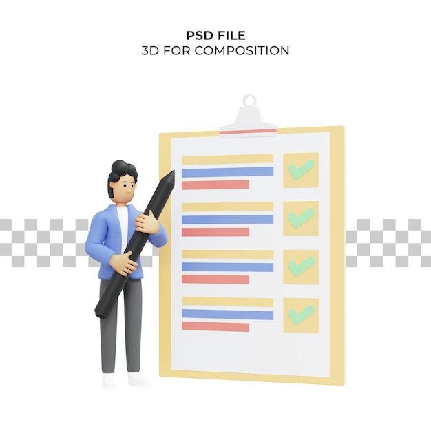 PSD illustrazione 3d di un uomo che ha completato la lista di controllo psd premium