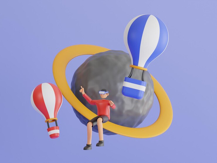 PSD 仮想現実メガネをかけた仮想現実の男と旅行を楽しんでいる男性の 3 d イラストレーション