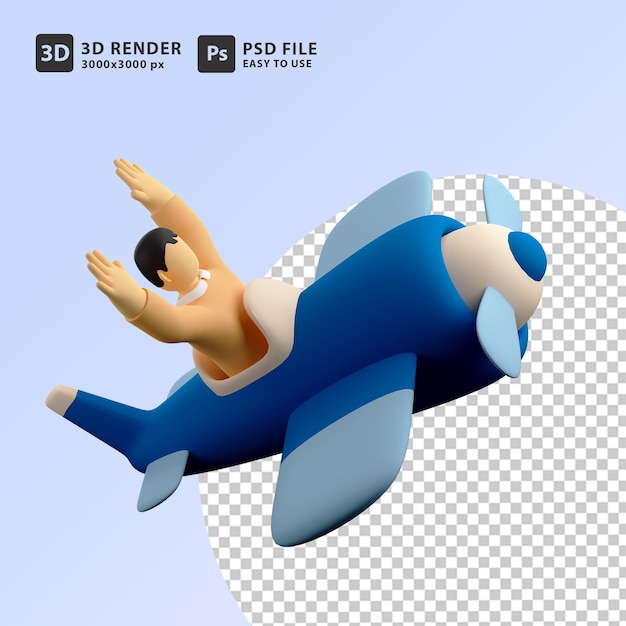 PSD 3d illustration man flight with plane