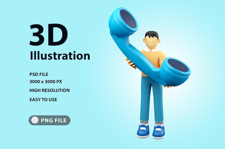 PSD 3d illustration of man holding big telephone