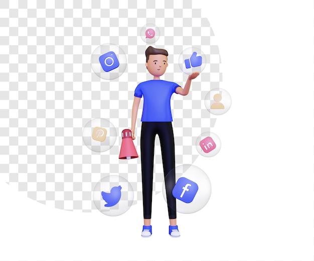 3d illustration of a man holding a megaphone loudspeaker and social media icons inside a bubble