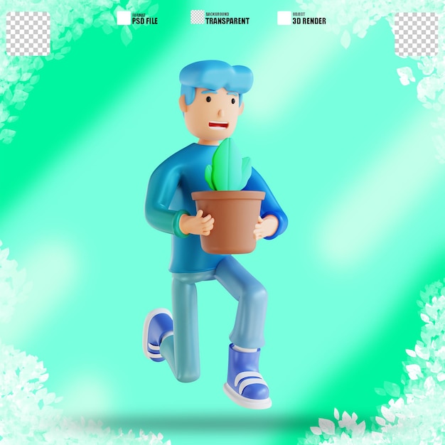 3d illustration man holding plant 2