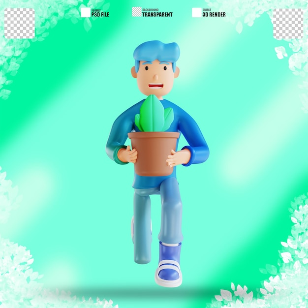 3d illustration man holding plant