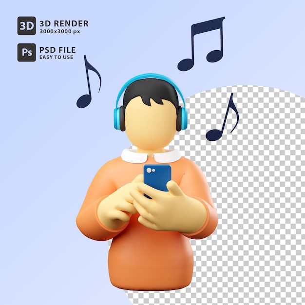 Illustrazione 3d uomo che ascolta musica con otto note e doppie otto note