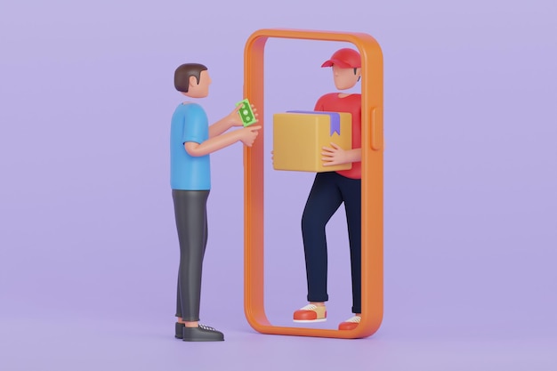 PSD 3d illustration of man paying cash for order delivery