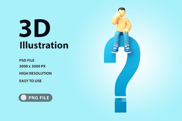 3D illustration man sitting on question mark