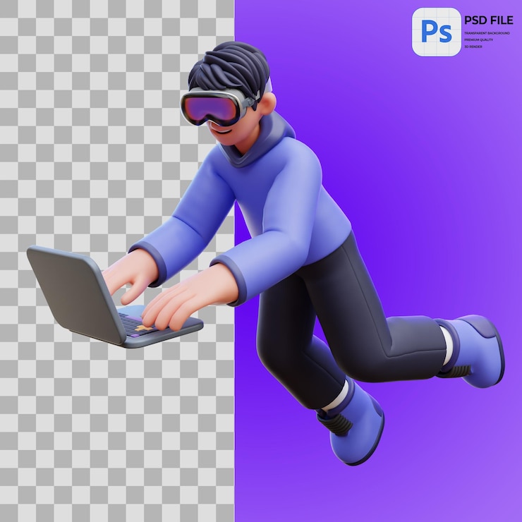 PSD 3d illustration of man typing on laptop render of icon isolated png