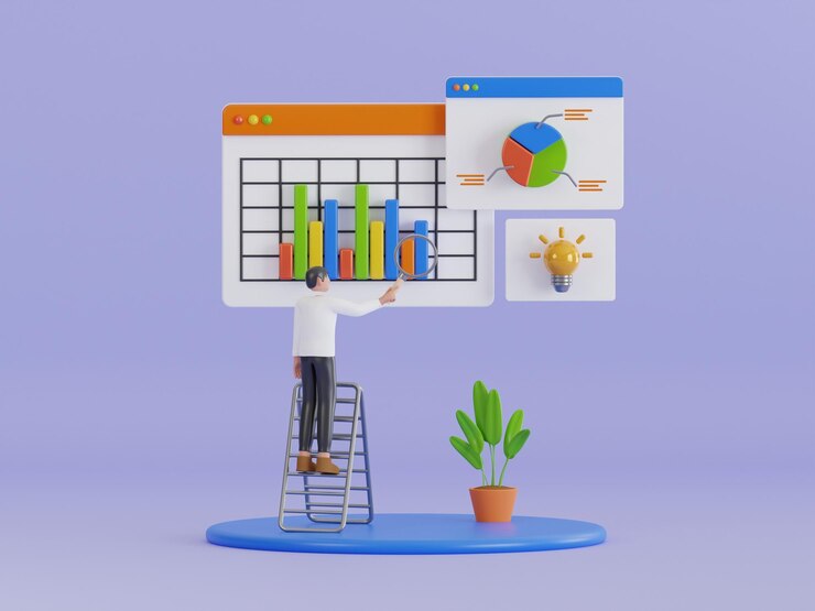 PSD 3d illustration of man with magnifying glass researching a business dashboard with graphs