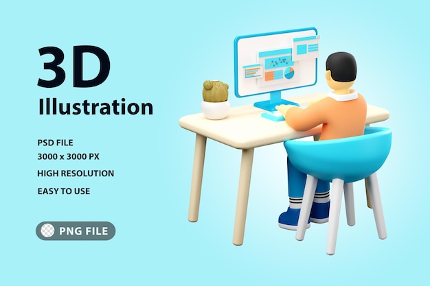3D illustration man working on computer business analytics
