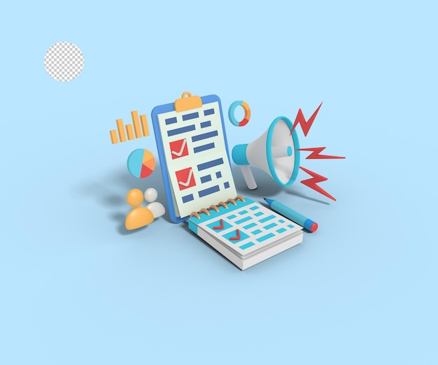 PSD 3d illustration of marketing checklist