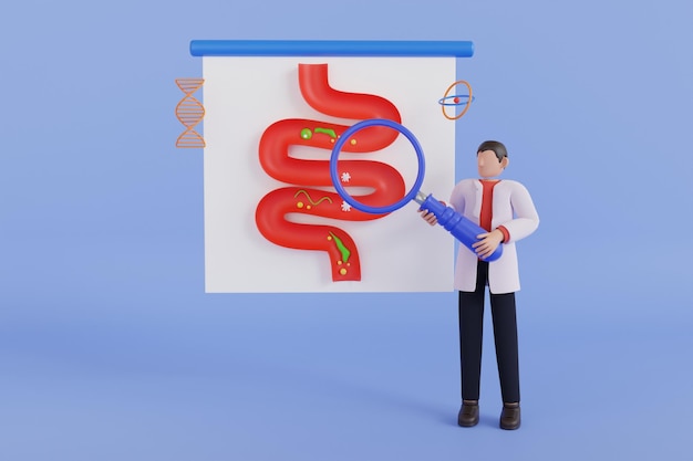 PSD illustrazione 3d dell'ispezione medica dello stomaco da parte del medico gastroenterologo