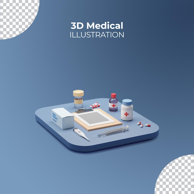 Illustrazione 3d di medical con farmaco e pillole isolati