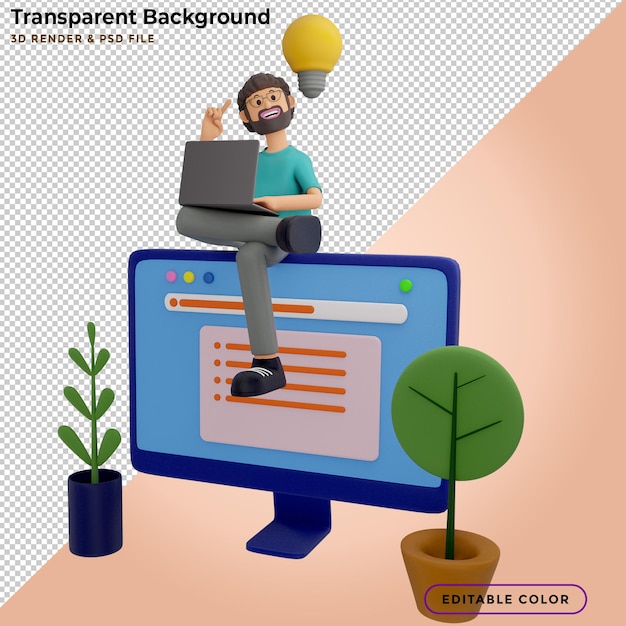 3d illustration men with laptops, sitting in armchairs and creating new innovation ideas. landing page