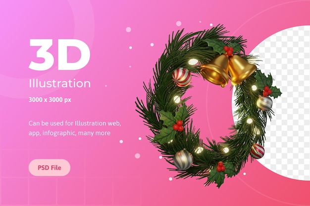 3d illustration, merry christmas, circle advent, with bell, flower poinsettia, and lamp