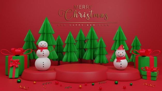 3d illustration merry christmas template with podium concept